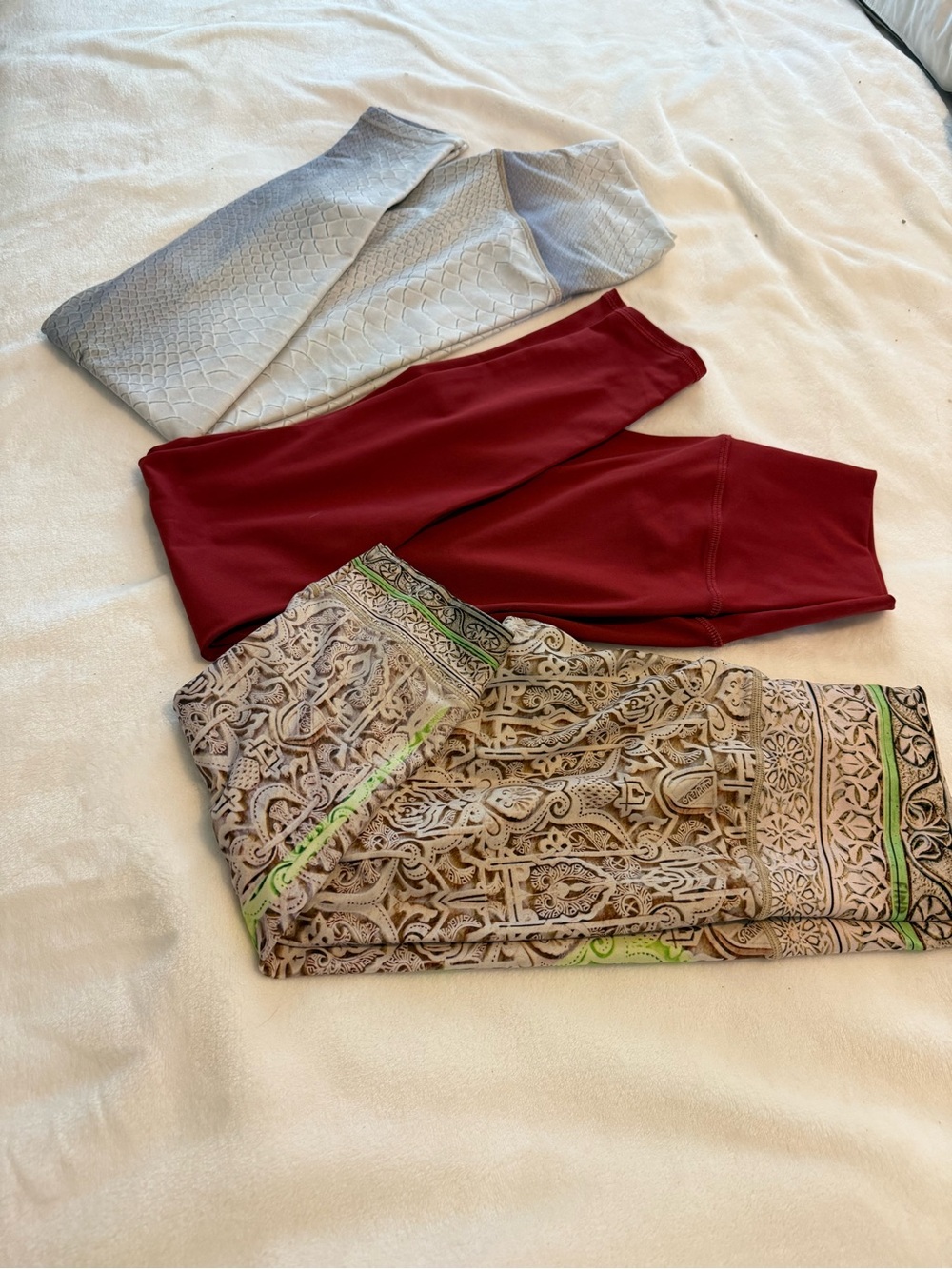 Niyama Sol Trio: Burgundy Solid, Gray Textured & Patterned Beige Leggings